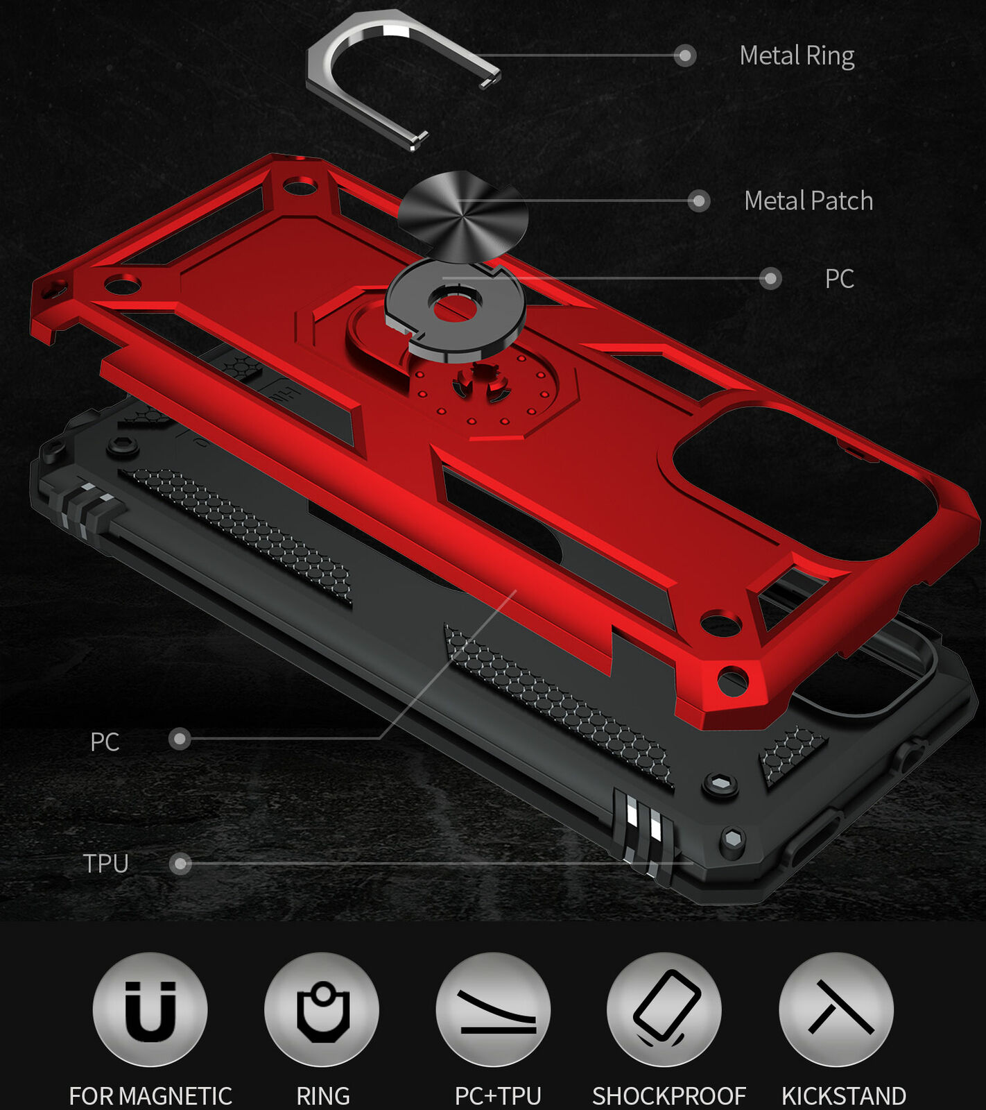 Protectores para celular  para Xiaomi  Redmi Note 10 / 10s Funda reforzada con anillo v2 Rojo